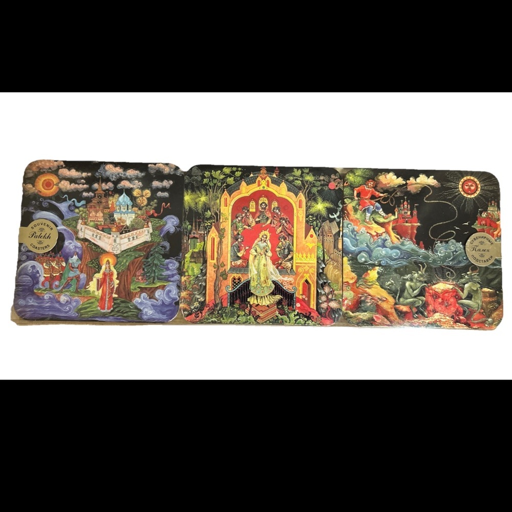 Palekh Coaster Set of 6 Russian Fairy Tales Cork Back NEW